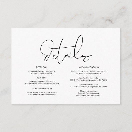 Moderne Kalligraphie, Hochzeitdetails, Information Begleitkarte (Vorderseite)