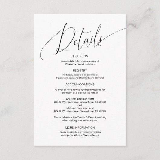 Moderne Kalligraphie, Hochzeitdetails, Information Begleitkarte (Vorderseite)