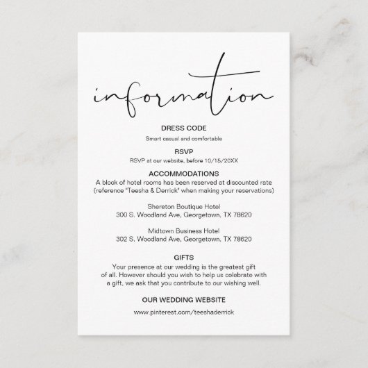 Moderne Kalligraphie, Hochzeitdetails, Information Begleitkarte (Vorderseite)