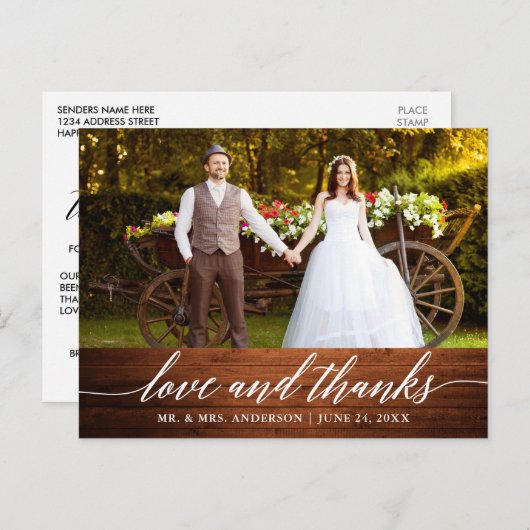 Moderne Kalligraphie Hochzeitholz-Liebe und Dank Postkarte (Vorne/Hinten)
