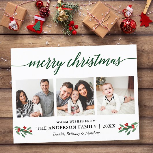 Moderne Kalligraphie Holly Green Christmas 3 Foto Postkarte