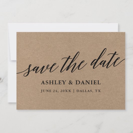 Moderne Kalligraphie Kraft Save the Date Card Dankeskarte (Vorderseite)