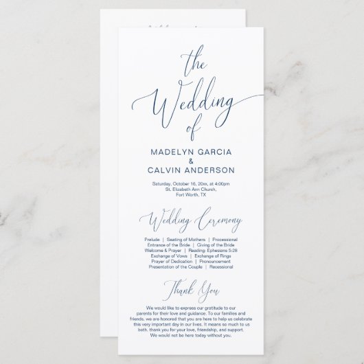 Moderne Kalligraphie, Navy Blue, Hochzeitfeier Programm (Vorne/Hinten)