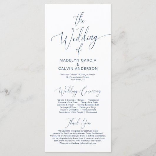 Moderne Kalligraphie, Navy Blue, Hochzeitfeier Programm (Vorderseite)