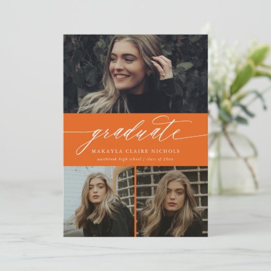 Moderne Kalligraphie Orange Drei Foto Abschluss Einladung (Stehend Vorderseite)