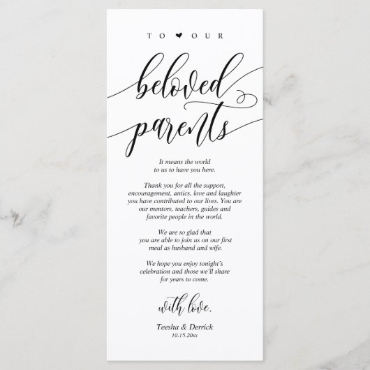 Moderne Kalligraphie, Place Setting Dankeschön Kar Programm (Vorderseite)