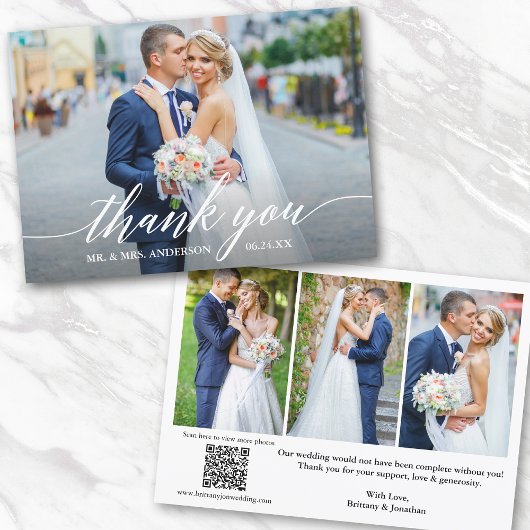 Moderne Kalligraphie QR Code 4 Foto Hochzeit Dankeskarte