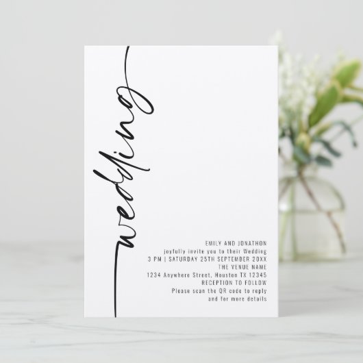 Moderne Kalligraphie QR Code Hochzeit Einladung (Stehend Vorderseite)