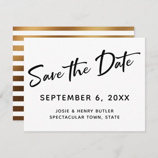 Moderne Kalligraphie Save the Date Gold gestreift (Vorne/Hinten)