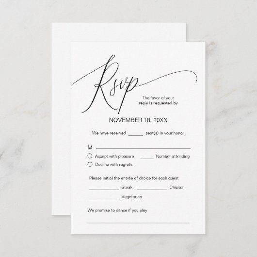 Moderne Kalligraphie, Schwarz, Hochzeitessen UAWG Begleitkarte (Vorne/Hinten)