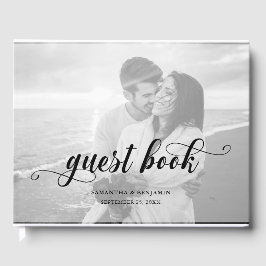 Moderne Kalligraphie Schwarz & Weiß 2 Foto Hochzei Gästebuch