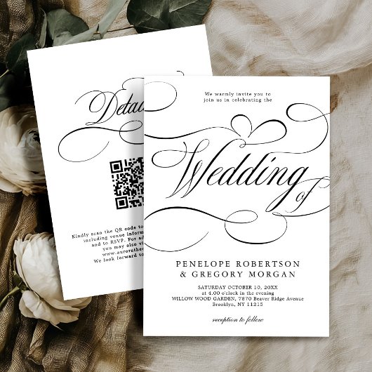 Moderne Kalligraphie Schwarz-weiß QR-Code Hochzeit Einladung