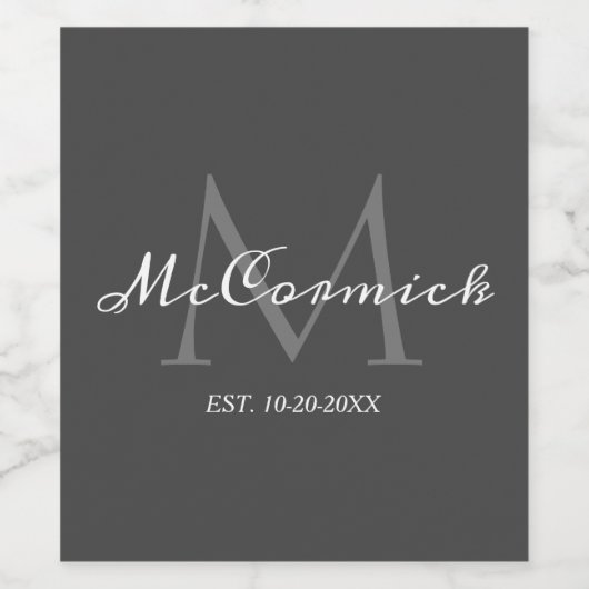 Moderne Kalligraphie Script Grauer weißer Monogram Weinetikett (Einzelnes Label)