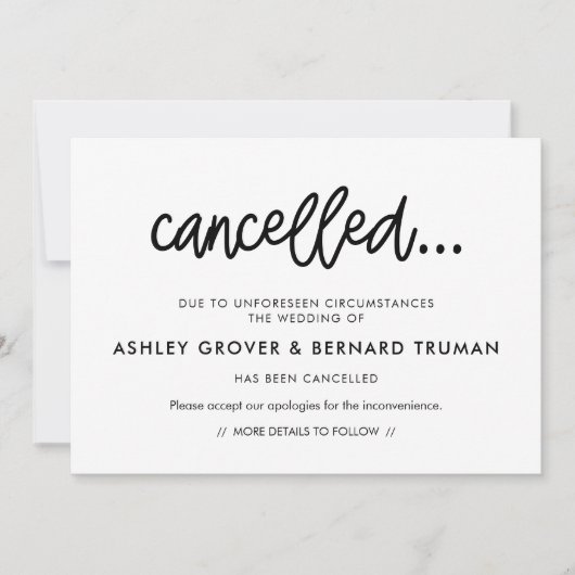Moderne Kalligraphie Stornierung Einladung (Vorderseite)