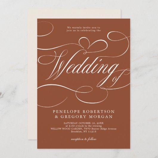 Moderne Kalligraphie Terracotta QR Code Hochzeit Einladung (Vorne/Hinten)