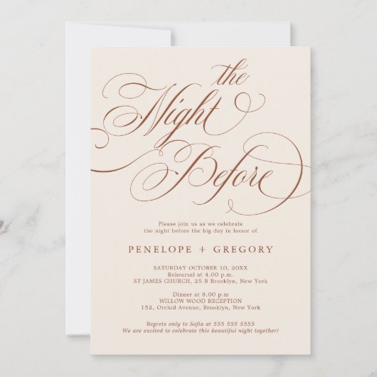 Moderne Kalligraphie Terrakotta in der Nacht davor Einladung (Vorderseite)