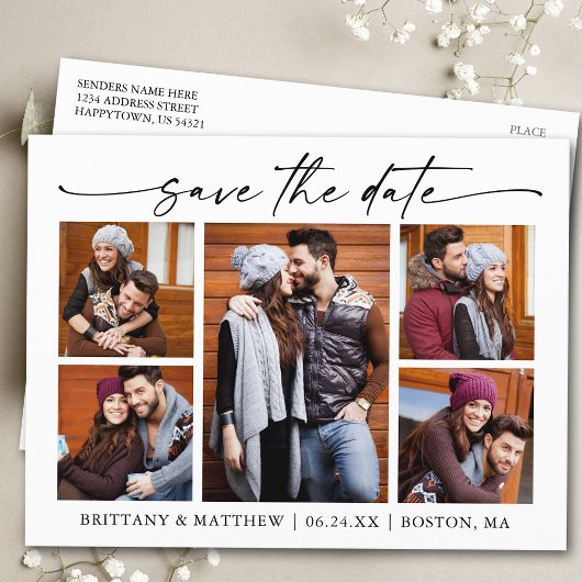 Moderne Kalligraphie Tinte 5 Fotos Save the Date Postkarte