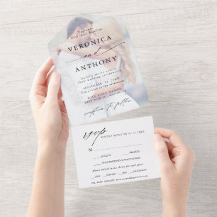 Moderne Kalligraphie verblichene Foto Hochzeit All In One Einladung