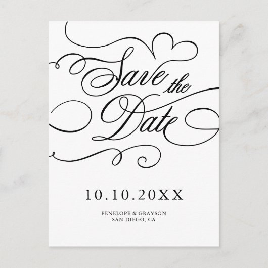 Moderne Kalligraphie zeitlos schwarz Save the Date Postkarte (Vorderseite)