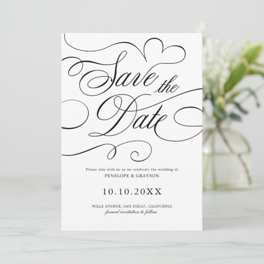 Moderne Kalligraphie zeitlose Black QR Code Hochze Save The Date (Stehend Vorderseite)