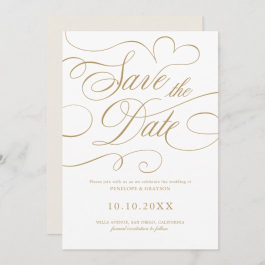 Moderne Kalligraphie zeitlose Gold QR-Code Hochzei Save The Date (Vorne/Hinten)