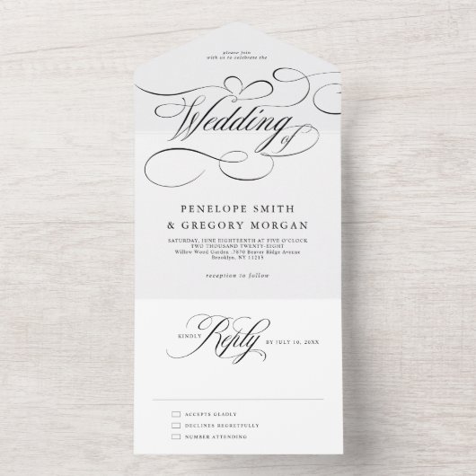 Moderne Kalligraphie zeitlose Schwarz-weiße Hochze All In One Einladung (Innen Boden)