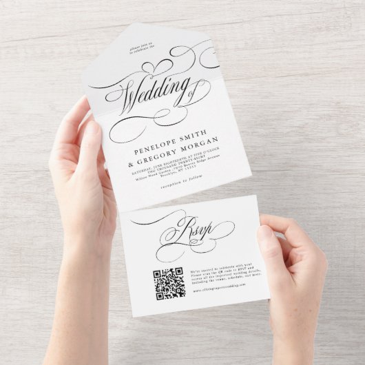 Moderne Kalligraphie zeitlose Schwarz-weiße Hochze All In One Einladung (Abreißen)