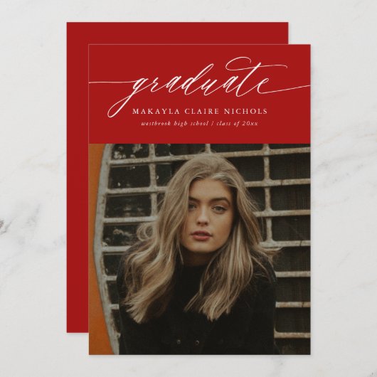 Moderne Kalligraphie Zwei Foto Roter Abschluss Ankündigung (Vorne/Hinten)