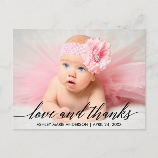 Moderne kalligraphische Baby-Liebe und dank Foto Postkarte (Vorderseite)
