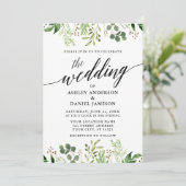Moderne kalligraphische Botanische Grüne Hochzeit Einladung (Stehend Vorderseite)