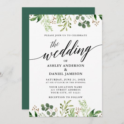 Moderne kalligraphische Botanische Grüne Hochzeit Einladung (Vorne/Hinten)