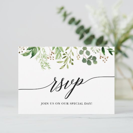 Moderne kalligraphische Botanische Grüne Hochzeit RSVP Karte (Stehend Vorderseite)
