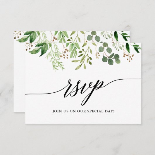 Moderne kalligraphische Botanische Grüne Hochzeit RSVP Karte (Vorne/Hinten)