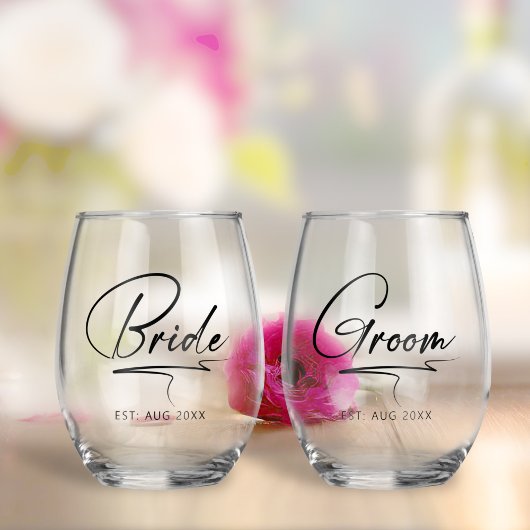 Moderne kalligraphische Bride & Groom Black ID1025 Weinglas Ohne Stiel