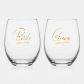 Moderne kalligraphische Bride & Groom Gold-ID1025 Weinglas Ohne Stiel (Vorderseite)