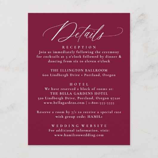 Moderne kalligraphische Burgundy-Hochzeitdetails Begleitkarte (Vorderseite)