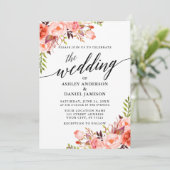 Moderne kalligraphische Coral Floral Wedding Einladung (Stehend Vorderseite)