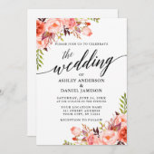 Moderne kalligraphische Coral Floral Wedding Einladung (Vorne/Hinten)