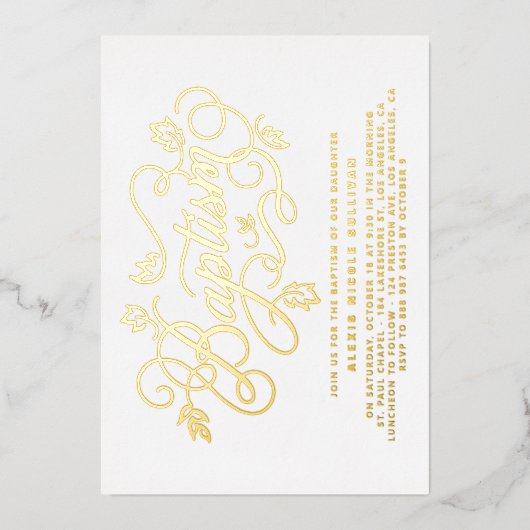Moderne kalligraphische Foliage Lettering Taufe Folieneinladung (Vorderseite)