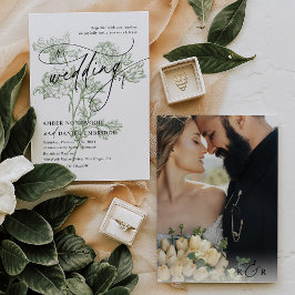 Moderne kalligraphische Foto Sage Green Floral Wed Einladung
