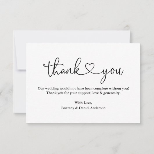 Moderne kalligraphische Herzhochzeit Dankeskarte (Vorderseite)