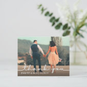 Moderne kalligraphische Hochzeit Danke Foto Postkarte (Stehend Vorderseite)
