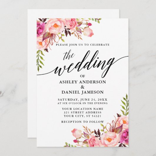 Moderne kalligraphische Hochzeit in Rosa Blush Einladung (Vorne/Hinten)