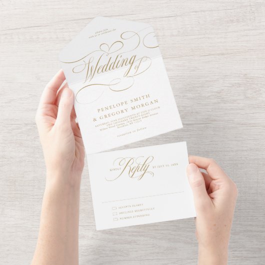 Moderne kalligraphische Hochzeit ohne Gold und Wei All In One Einladung (Abreißen)