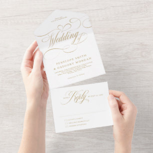 Moderne kalligraphische Hochzeit ohne Gold und Wei All In One Einladung