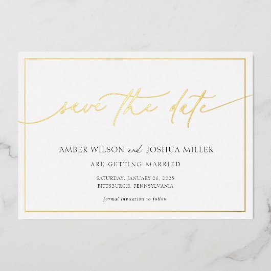 Moderne kalligraphische Hochzeiten retten das Datu Folieneinladung (Vorderseite)