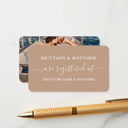 Moderne kalligraphische Hochzeitskanzlei Foto Taup Begleitkarte (Vorderseite/Rückseite Beispiel)