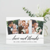 Moderne kalligraphische Liebe und dank 3 Foto Dankeskarte (Stehend Vorderseite)