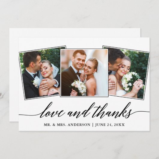 Moderne kalligraphische Liebe und dank 3 Foto Dankeskarte (Vorne/Hinten)