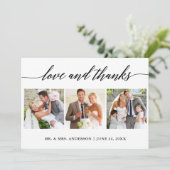 Moderne kalligraphische Liebe und Dank Hochzeit 3 Dankeskarte (Stehend Vorderseite)